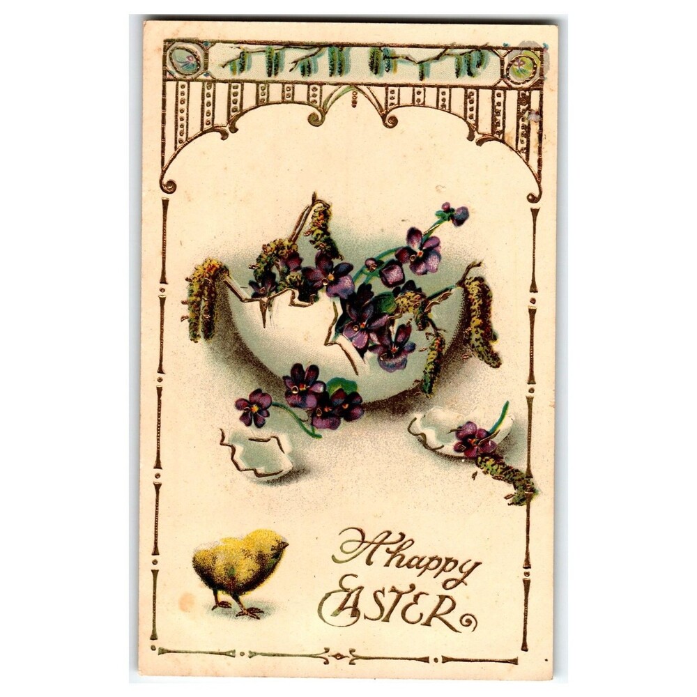 Vintage Easter Postcard Chick Violets Willows "A Happy Easter" Saxony 1916